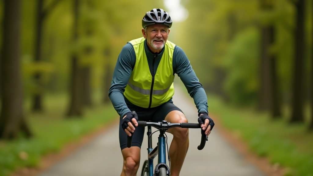 Starší cyklista jedoucí po rovné cestě s reflexní vestou, krásná krajina Konicka kolem, slunečný den