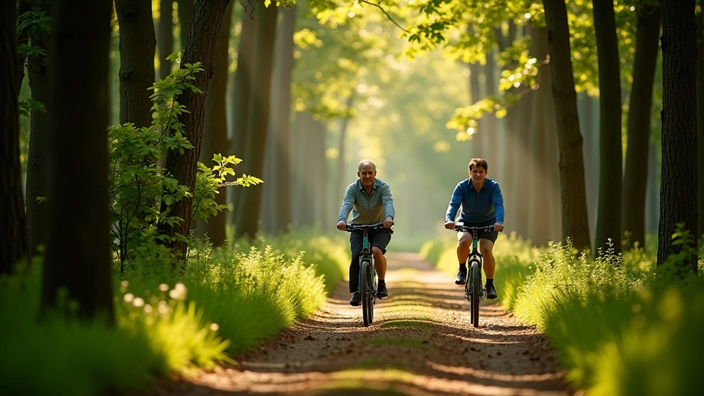 Dva cyklisté jedoucí po lesní cestě, stromy v pozadí, slunce mezi větvemi